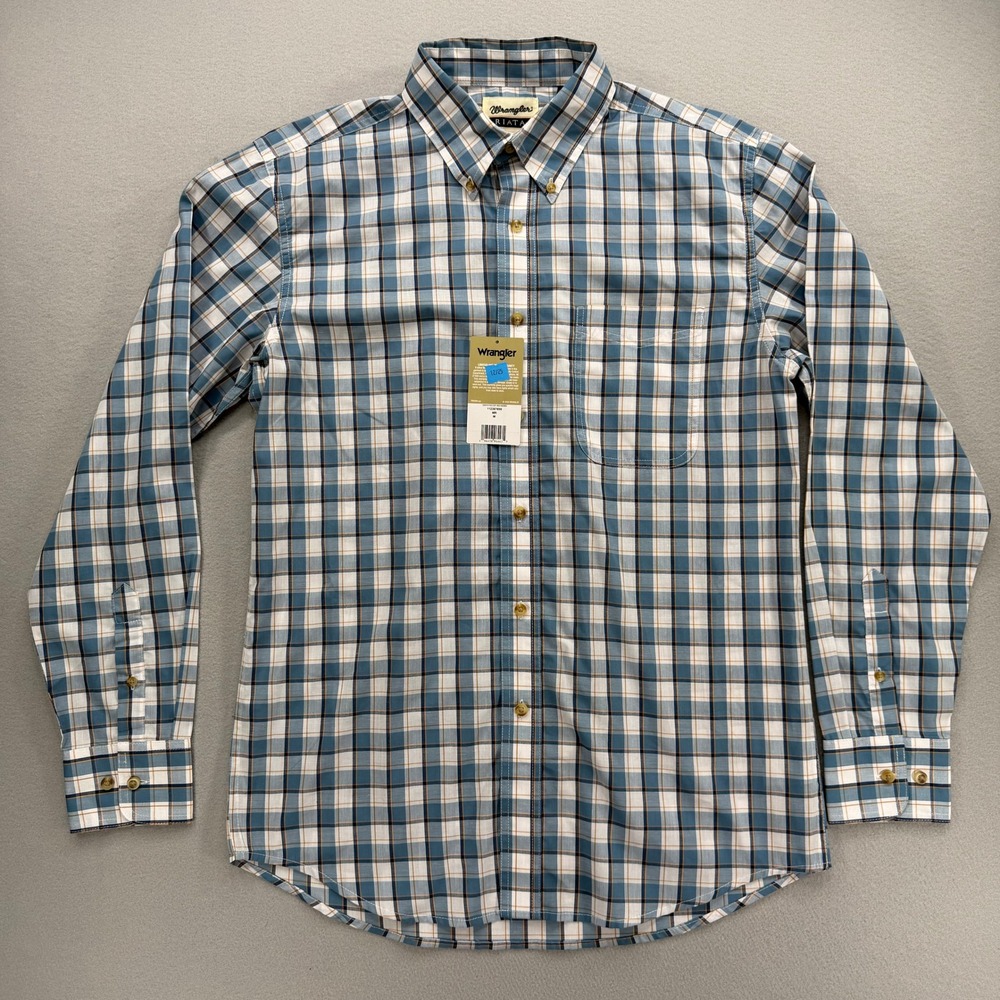 NWT Wrangler Medium Riata Button Down Shirt Mens Blue Plaid Long Sleeve